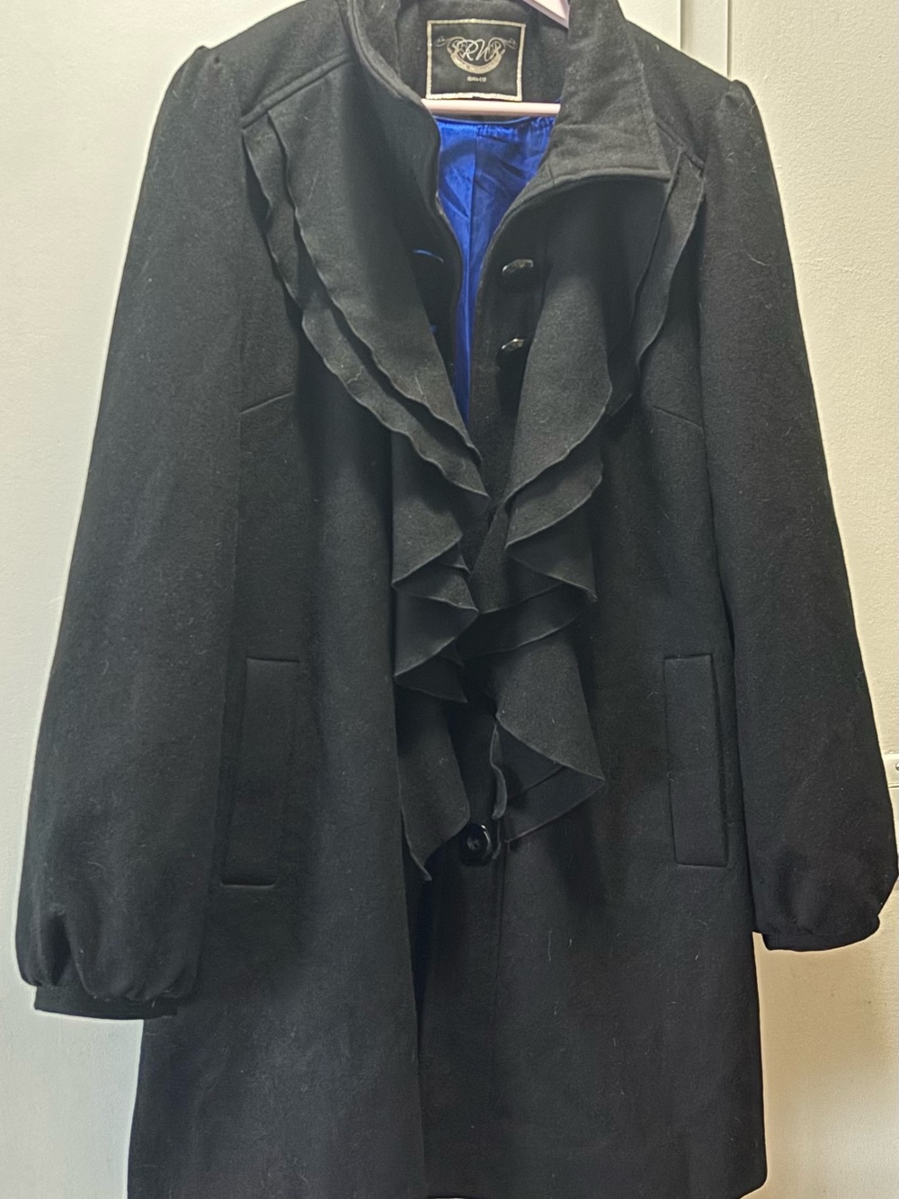 RW&CO. Black Ruffle-Front Pea Coat